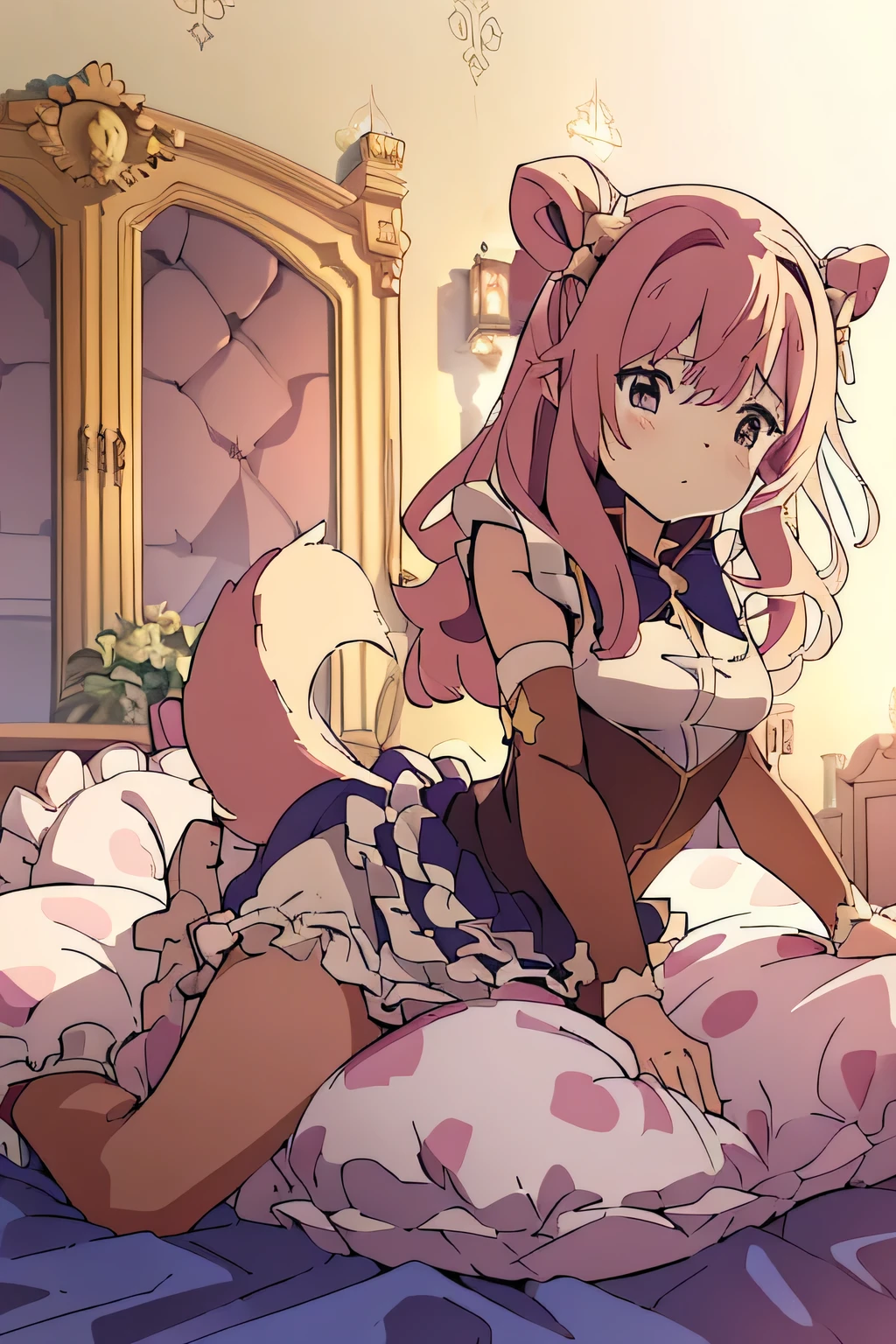 (best quality, masterpiece),mine, (Light and shadow oxtail,,, bed background, Cute girl posing in maid outfit, maid outfit, skirt,, ,pillow head,(many pillows),Upholstered,((canopy bed)),Soft pillow quotation,(damaged pillow),many pillows,a tail,,(lace pillow),(palace),(Palace Bed),(Palace Decoration),The love surrounding the protagonist,steam,sweat,,luxury pillow),(Palace pillow pattern pillow),(palace),(Palace Bedroom),(Gorgeous pattern pillow),,(Classical European style bedroom ),(Princess bed),frilled pillow
