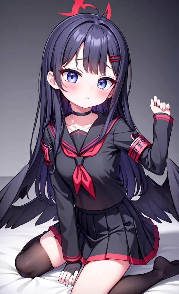 masterpiece,Highest quality,1 Girl,alone,blush with embarrassment,Pokémon-like art style,(bold:1.6),(flat:1.5), ICHIKA NAKAMASA, (Blue Archive),(Portraiture:1.2), Large Breasts, AHOGE, BLACK HAIR, BLACK wings, FEATHERED wings, hair ornament, HAIRCLIP, Halation, LONG HAIR, LOW wings, RED Halation, wings,
手链, BLACK CHOKER, BLACK GLOVES, BLACK SAILOR COLLAR, BLACK serafuku, BLACK SKIRT, CHOKER, GLOVES, LONG SLEEVES, neckerchief, PLEATED SKIRT, RED neckerchief, SAFETY PIN, SAILOR COLLAR, , serafuku, SKIRT, barefoot