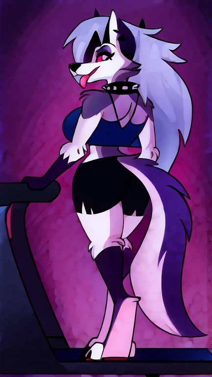 (masterpiece, best quality:1.2), Loona female hellhound, wolf, furry, helluva boss, hypnotized with completely spyral glowing purple eyes with no irises or pupils,tongue out, walking on a treadmill with arms extended in front like as if trying to reach something, full body image, profile picture