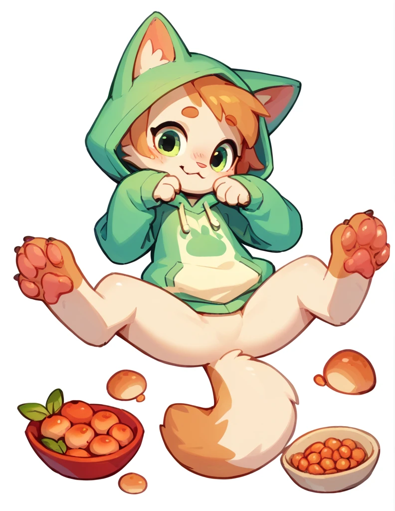 The Q version of the cute furry cat, spreading legs, showing paws, showing beans, blushed, beatiful feet, hoodie, paws, beans, white background