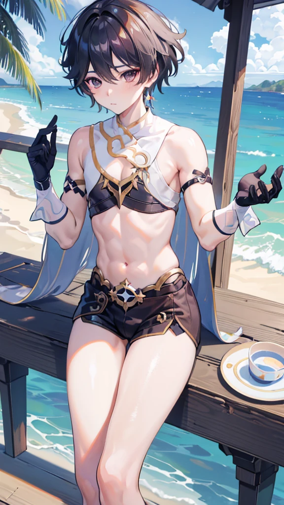 best qualityer, super detaill, work of art, ultra HD, 8K, 1 boy, focus on the boy, Aether, Genshin Impact, sexy bikini, sensuous, at beach, showing off your thighs, emphasis on the thighs.