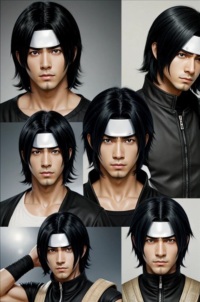 A character with black hair like Sasuke&#39;s with 3 marks on his face on each cheek like Naruto&#39;s wings with one blue eye and the other covered with a patch with a sword in a serious black suit