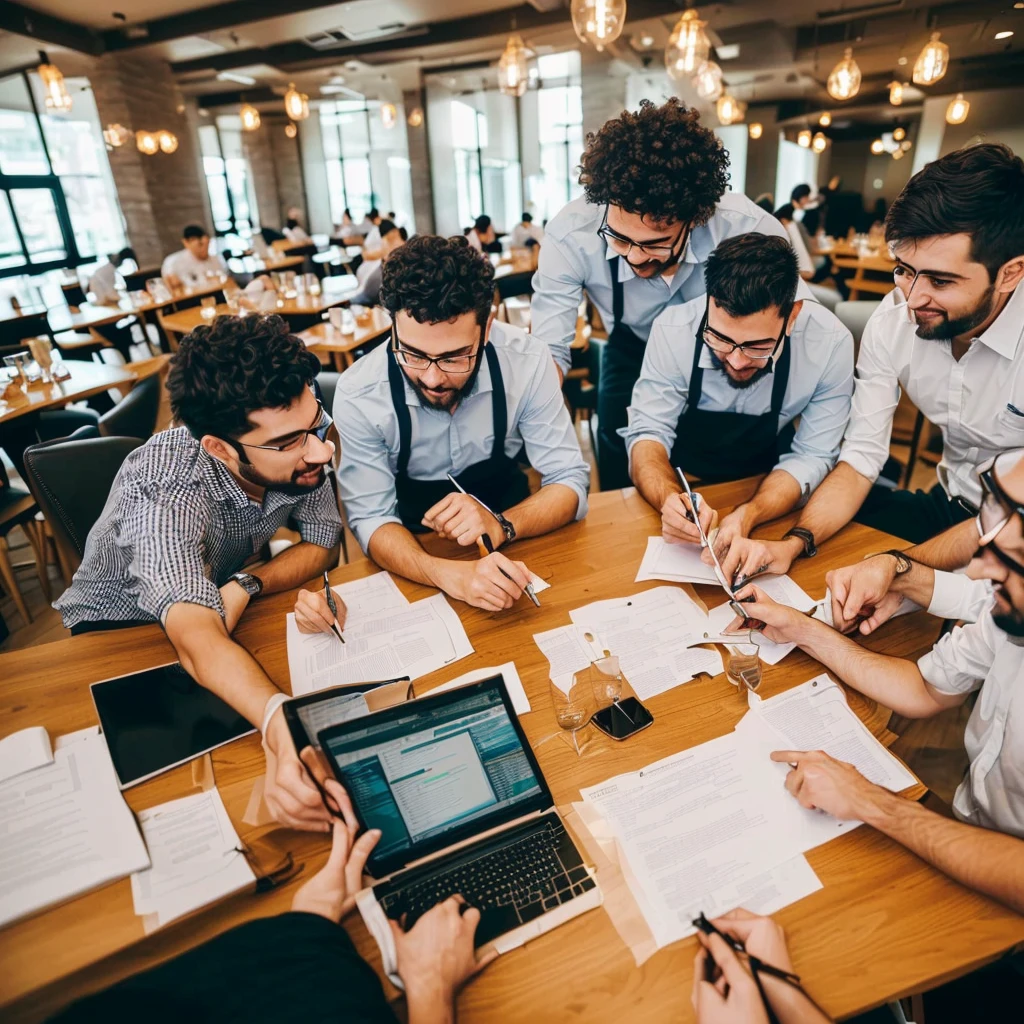 three (only three) Engineers sitting at a table in a restaurant and working on an idea. 