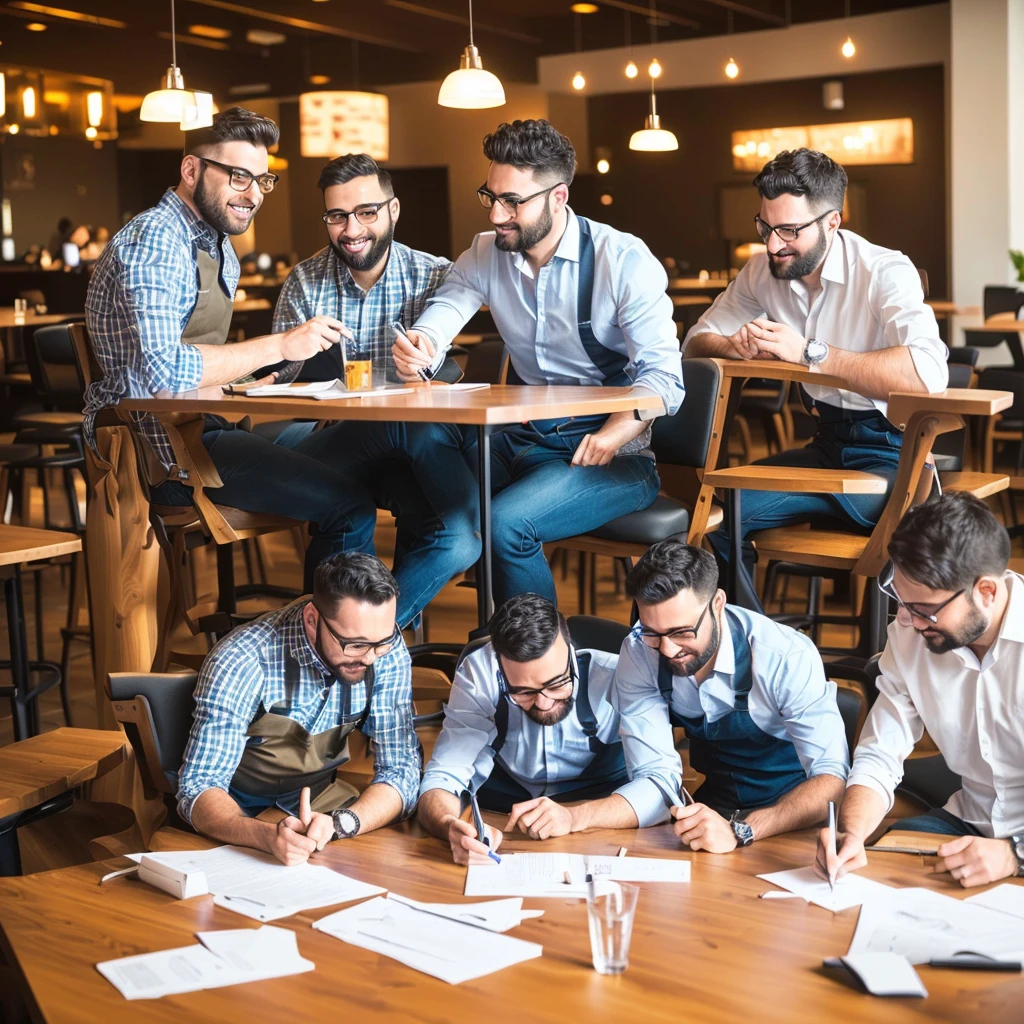 three (only three) Engineers sitting at a table in a restaurant and working on an idea. 