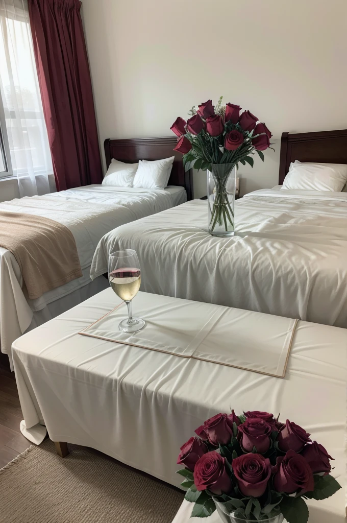 two glasses of wine on a table, a bouquet of white and red roses, a bed in the background in an exotic space