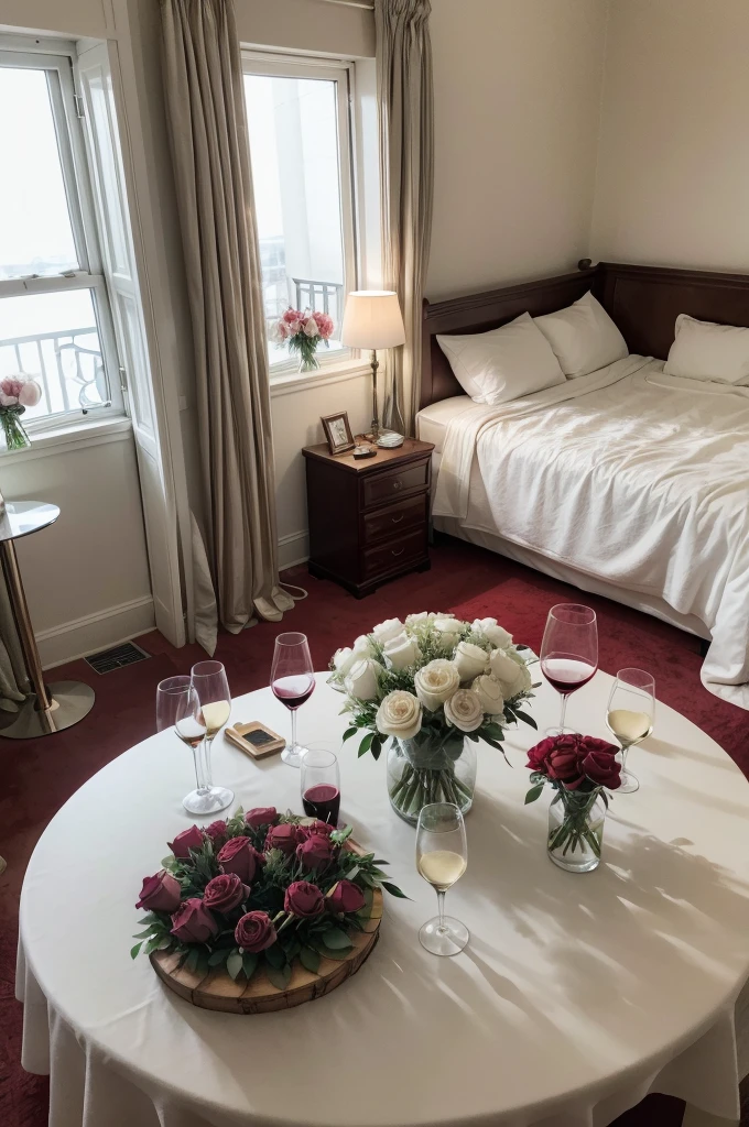 two glasses of wine on a table, a bouquet of white and red roses, a bed in the background in an exotic space