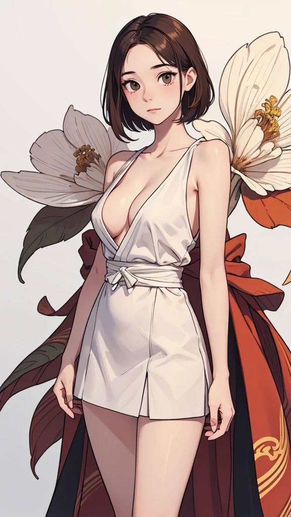 (((masterpiece, best quality, ultra highres, 1 girl, solo, no background))), super detailed skin and face and eyes and finger, beautiful japanese woman, small breasts:1.5, skinny, light brown hair, white background, very short hair, (an illustration of girl), Knee shot, Generate with illustrations, Various expressions, Various poses, Various Costumes, Please draw the entire character within the frame, ensuring that the head, arms, and legs are not cut off. The background should be simple, with the character positioned centrally,