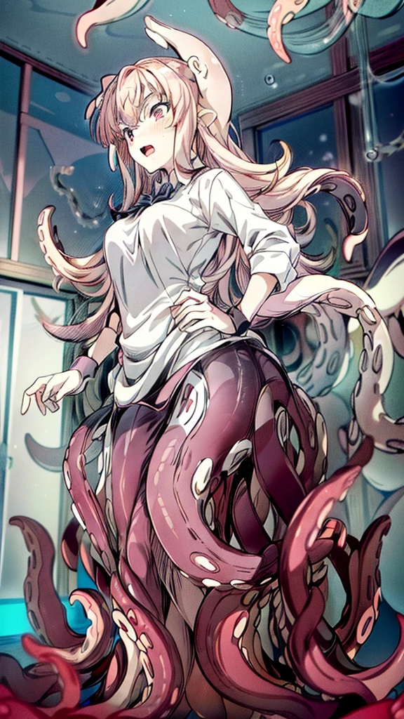 (Hd,4k,masterpiece,)1octopus girl,20 years old,solo,long hair,pink hair,(white shirt,black tie,black long skirt),open mouth,partially submerged, standing,((squidlegs,octopus girl)),(tentacles:1.33), (inside, in a gym)