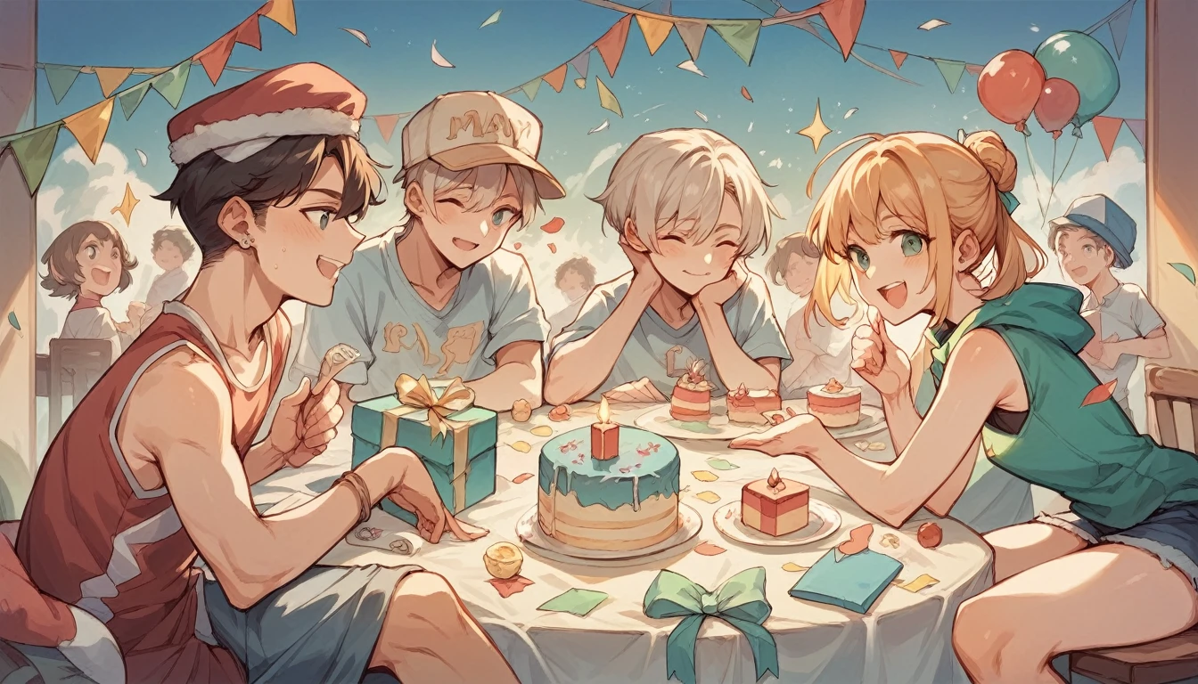 Make a picture of the characters from the game Grand Chase, Elesis, Lire, Arme and Mary celebrating a birthday