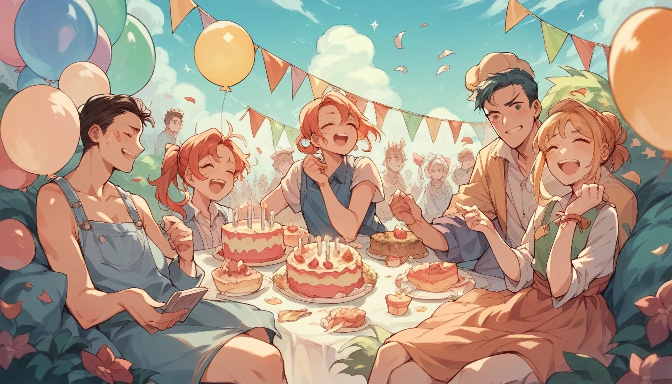 Make a picture of the characters from the game Grand Chase, Elesis, Lire, Arme and Mary celebrating a birthday