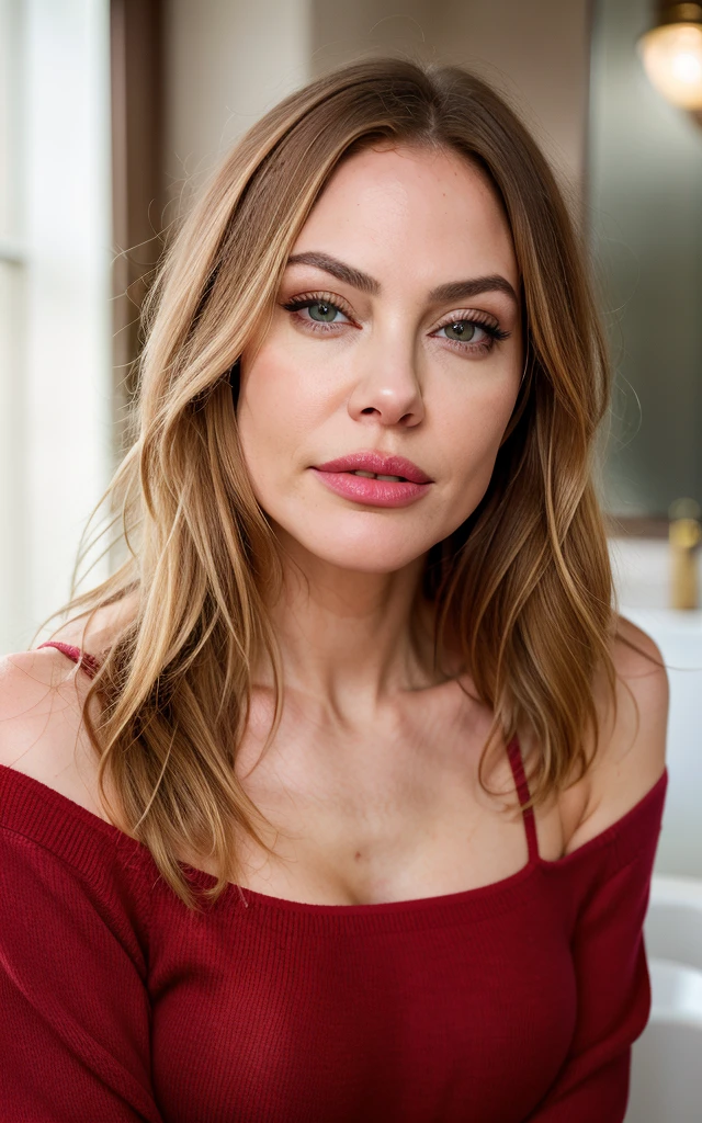 photorealistic, best quality, hyper detailed, beautiful blonde hair woman, 36 year old, brown eyes, big breast, red outfit, upper body, wearing pullover, bathroom, (cheerful, shy), sexy shoulders, bright red lips, blushing cheeks, nikon z9, 30mm lens, sharp focused face, f/4, iso 200, shutter 1/, cinematic light, medium shot, raw ,intricately detailed, award winning photograph, high sharpness, facial symmetry, bokeh, ultra-detailed, Nicole man, Angelina Jolie