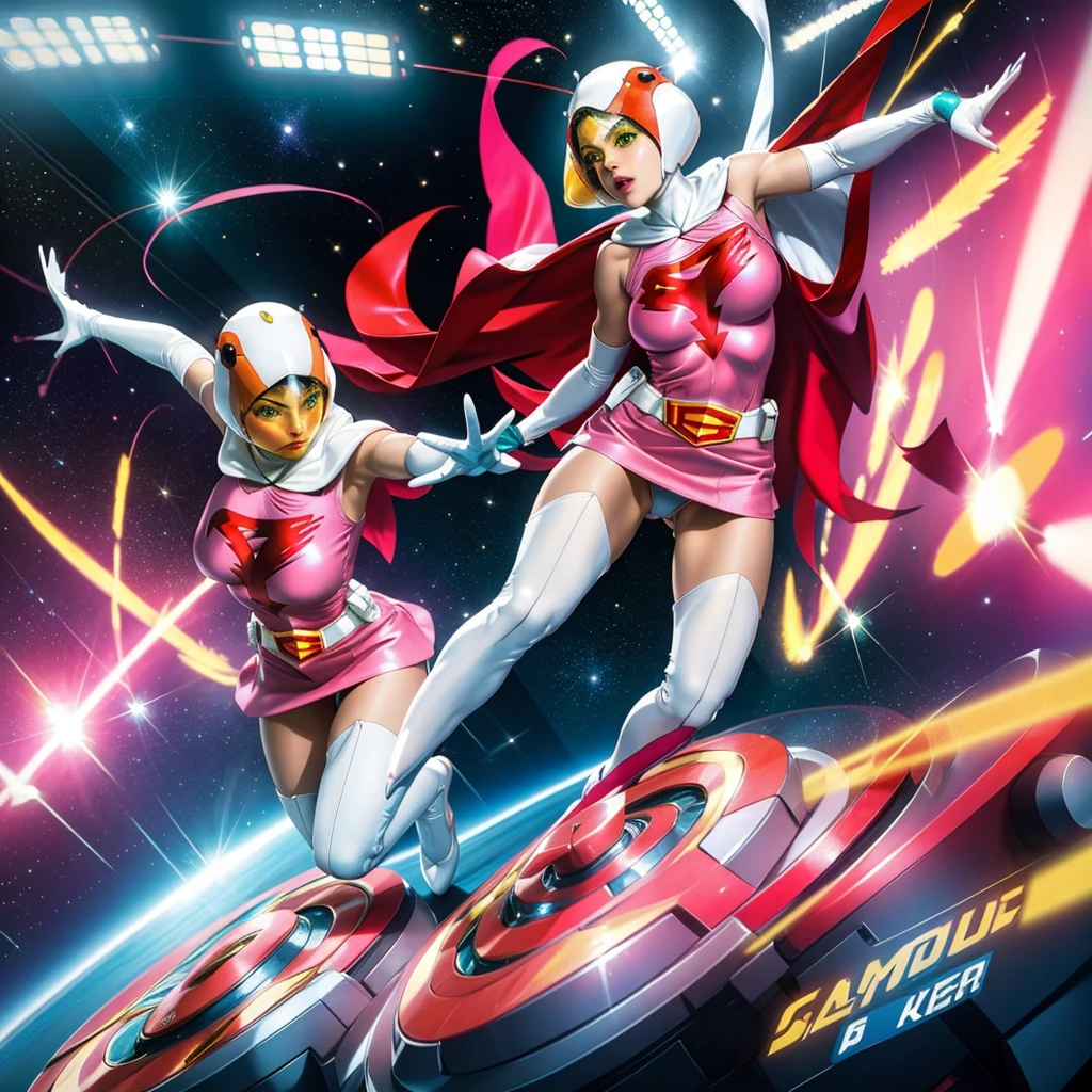 ANI_CLASSIC_jun_gatchaman_ownwaifu,1girl, 15 years old,good , masterpiece, best quality,realistic, hyperrealistic, 16k hdr,,green eyes,lips,large ,lipstick,makeup,gloves,cape,helmet,belt,elbow gloves,white gloves,mask,ultra ,leotard,spacesuit,white tight overknee highheels boots,pink dress,superhero,,,erected ,((jumping poses)),