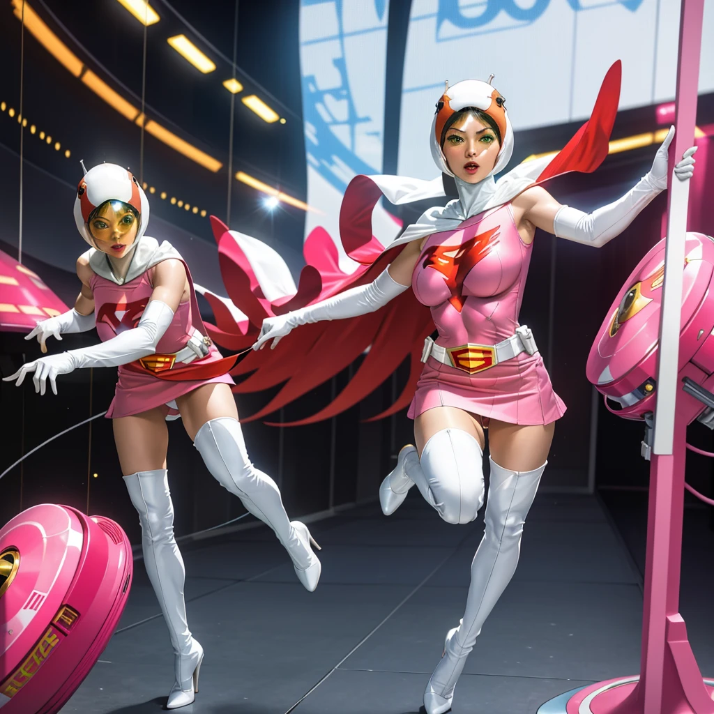 ANI_CLASSIC_jun_gatchaman_ownwaifu,1girl, ,good anatomy, masterpiece, best quality,realistic, hyperrealistic, 16k hdr,breasts,green eyes,lips,large breasts,lipstick,makeup,gloves,cape,helmet,belt,elbow gloves,white gloves,mask,ultra miniskirt,leotard,spacesuit,white tight overknee highheels boots,pink dress,superhero,bodysuit,cleavage,erected nipples,((jumping poses)),cameltoe