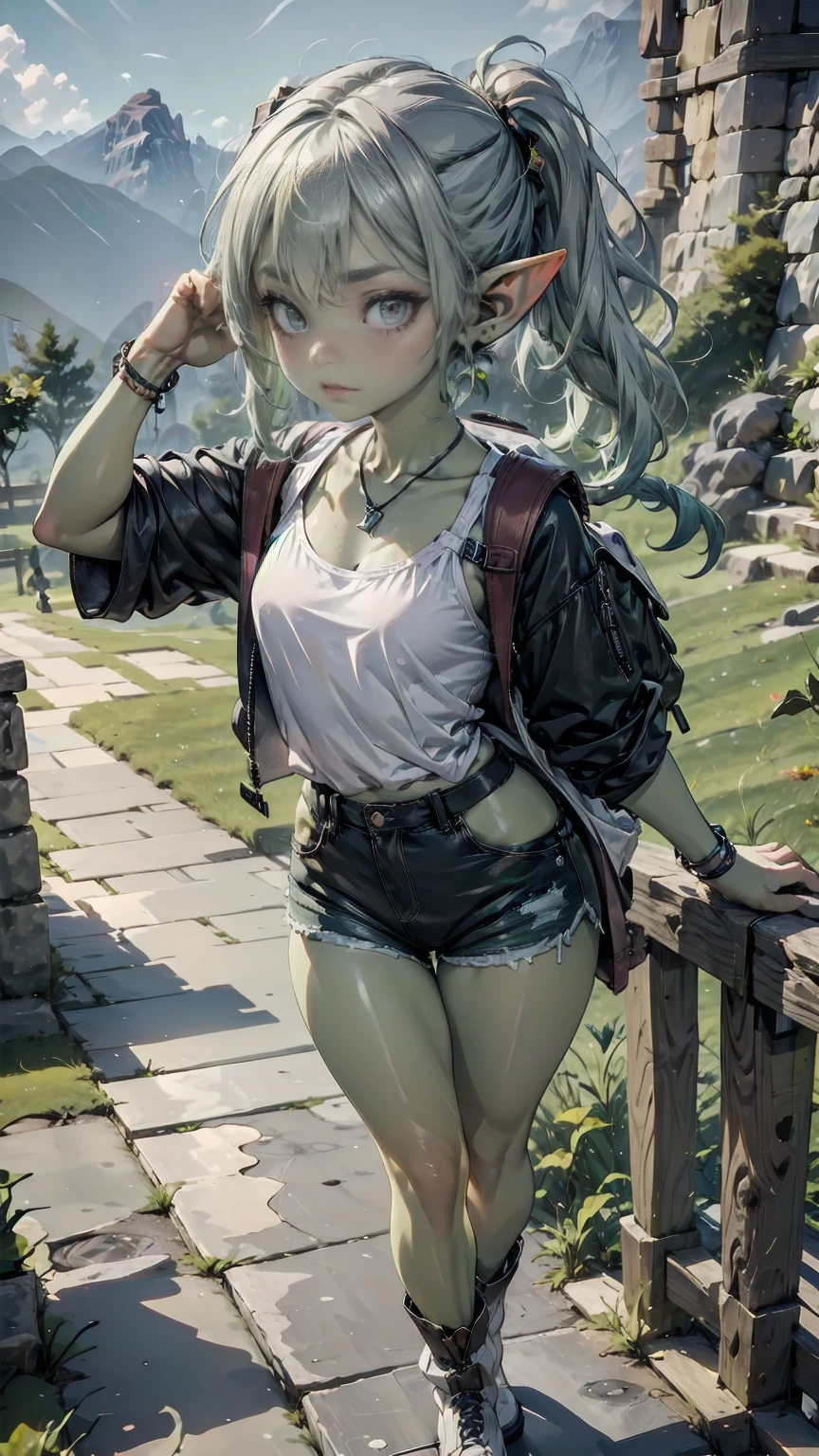 1 girl, solo ((best quality)), ((masterpiece)), (detailed), 4k, deep green skin, tiny pointy ears, 3 foot tall mature goblin woman with silver hair color, pigtails, ((green skin)) wearing tanktop, hiking shorts, hiking boots, backpack, wearing rainbow friendship bracelet and leather necklace, hiking up machu picchu, dynamic pose, cinematic still, misty mountain, asia