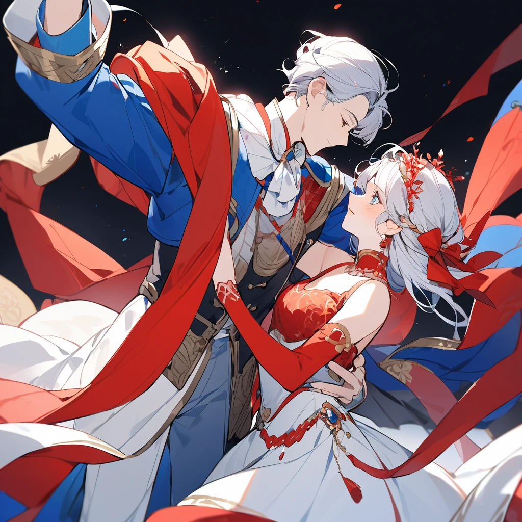A couple of nobles dancing together , red and blue garments,totally white background 