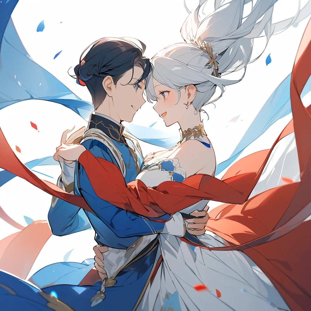 A couple of nobles dancing together , red and blue garments,totally white background