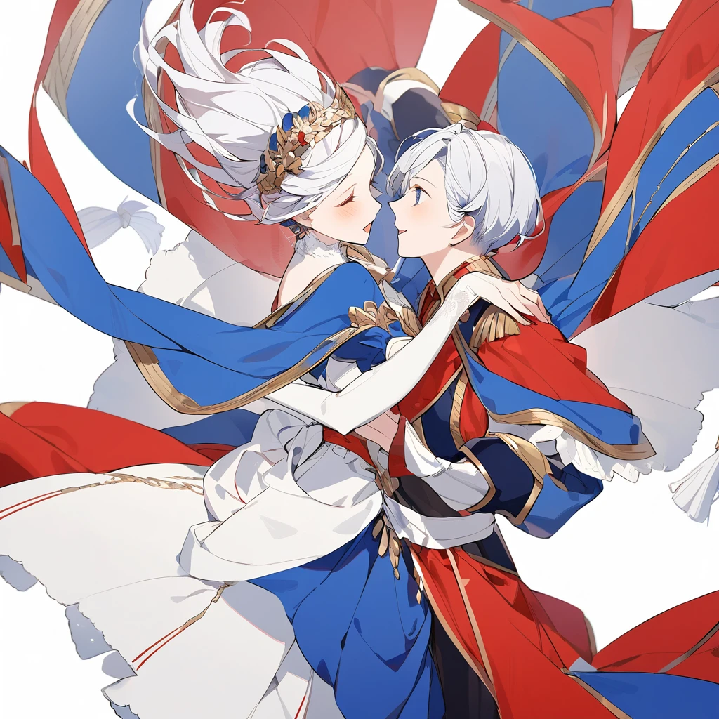 A couple of nobles dancing together , red and blue garments,totally white background 