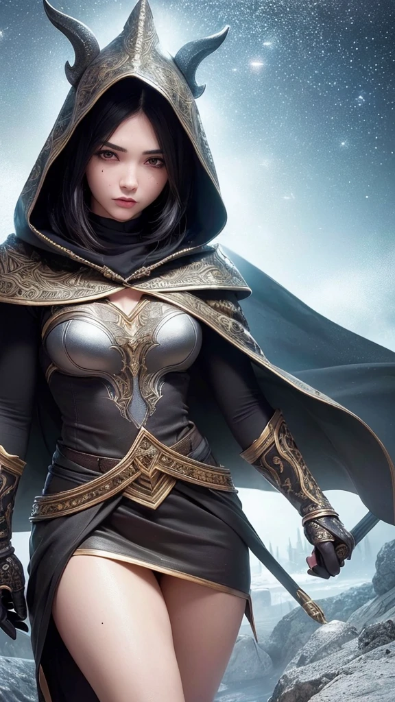 ((masterpiece)),(((Highest quality))),((Super detailed)),((front)),Dynamic Angle, One Elven Girl,Black Hair，Short Hair，(((Large mole under the eye)))，Half of the face is covered by a hood,Big Cape,  
