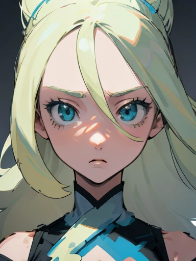 hair blonde, mulher hair blonde longo bagunçado, white undershirt, Awesome anime face portrait, looking staring at nothing, Female One, tasteless and inexpressive, thin dark blue eyes, tall and detailed, blue eyes , gray gray background, high detailed shadow