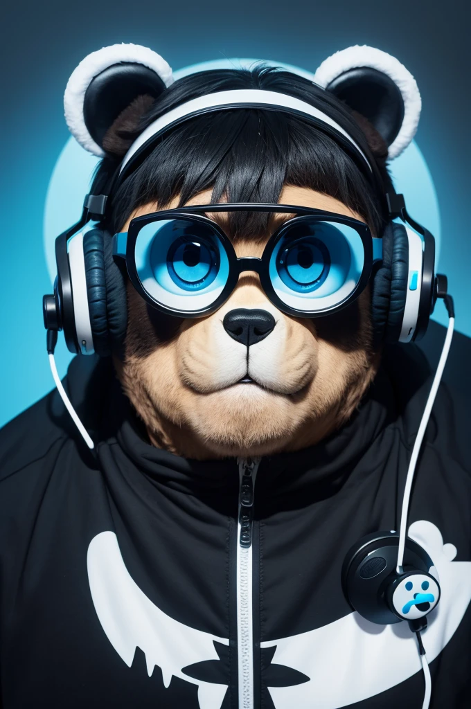 Cartoon shaped bear, black andwhite, with glasses, blue eye with headphones hanging around his neck and wearing a headband.