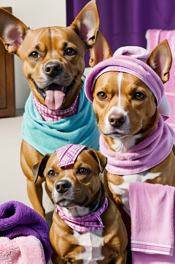Two dogs, a mixed breed dog with a red bandana and a chihuahua dog with a purple bandana and this one with a small diamond on her forehead with combs, shampoos and towels in a pet aesthetic in 4D style with a blank sign on the side