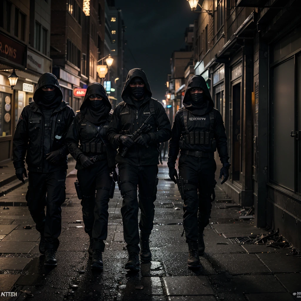 Under the cover of a moonless night, a special ops team moves with precision through the shadowy alleys of a forsaken city. The streets are lined with crumbling buildings and flickering streetlights, casting eerie glows on their tactical gear. They communicate silently, their faces illuminated by the soft, bluish hue of high-tech visors. Rain begins to fall, adding a sheen to the dark pavement and enhancing the gritty atmosphere. As they approach their target, the team blends seamlessly with the darkness, their intense focus mirrored in their eyes. The city's silence is broken only by the distant hum of neon signs and the occasional crackle of their encrypted radios. Hyperrealism, cinematic lighting, textured skin, super detail, high quality, award-winning, best quality, high resolution, 8K.