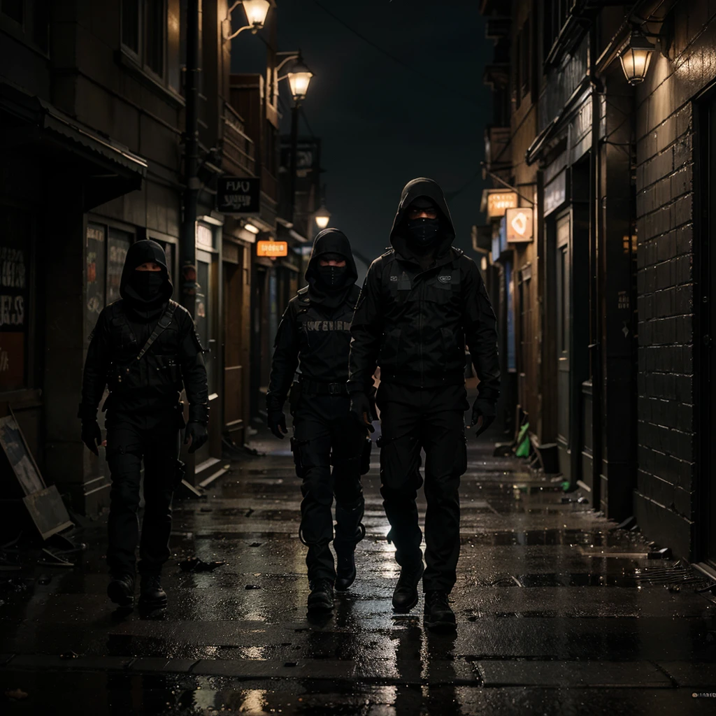 Under the cover of a moonless night, a special ops team moves with precision through the shadowy alleys of a forsaken city. The streets are lined with crumbling buildings and flickering streetlights, casting eerie glows on their tactical gear. They communicate silently, their faces illuminated by the soft, bluish hue of high-tech visors. Rain begins to fall, adding a sheen to the dark pavement and enhancing the gritty atmosphere. As they approach their target, the team blends seamlessly with the darkness, their intense focus mirrored in their eyes. The city's silence is broken only by the distant hum of neon signs and the occasional crackle of their encrypted radios. Hyperrealism, cinematic lighting, textured skin, super detail, high quality, award-winning, best quality, high resolution, 8K.