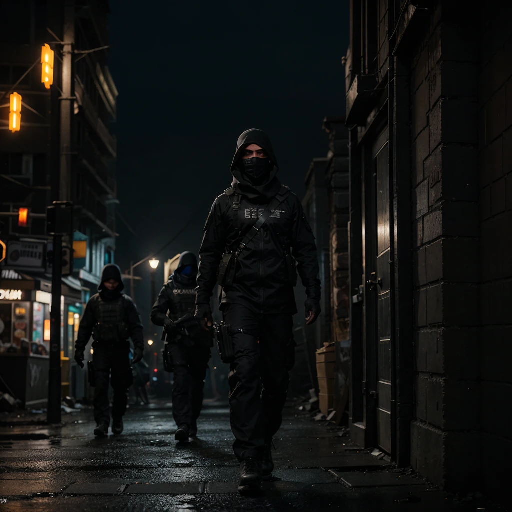 Under the cover of a moonless night, a special ops team moves with precision through the shadowy alleys of a forsaken city. The streets are lined with crumbling buildings and flickering streetlights, casting eerie glows on their tactical gear. They communicate silently, their faces illuminated by the soft, bluish hue of high-tech visors. Rain begins to fall, adding a sheen to the dark pavement and enhancing the gritty atmosphere. As they approach their target, the team blends seamlessly with the darkness, their intense focus mirrored in their eyes. The city's silence is broken only by the distant hum of neon signs and the occasional crackle of their encrypted radios. Hyperrealism, cinematic lighting, textured skin, super detail, high quality, award-winning, best quality, high resolution, 8K.