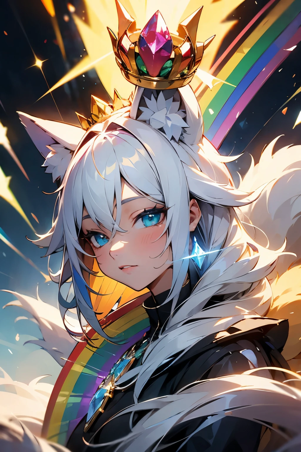 humanoid rainbow fox with crystal crown and rainbow aura