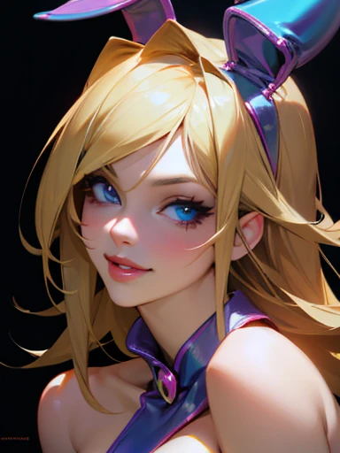 dark magician girl, long blonde hair, blue eyes, playboy bunny, smile, detailed face, breasts, lips, highly detailed, HD, 4K, Masterpiece, highres
