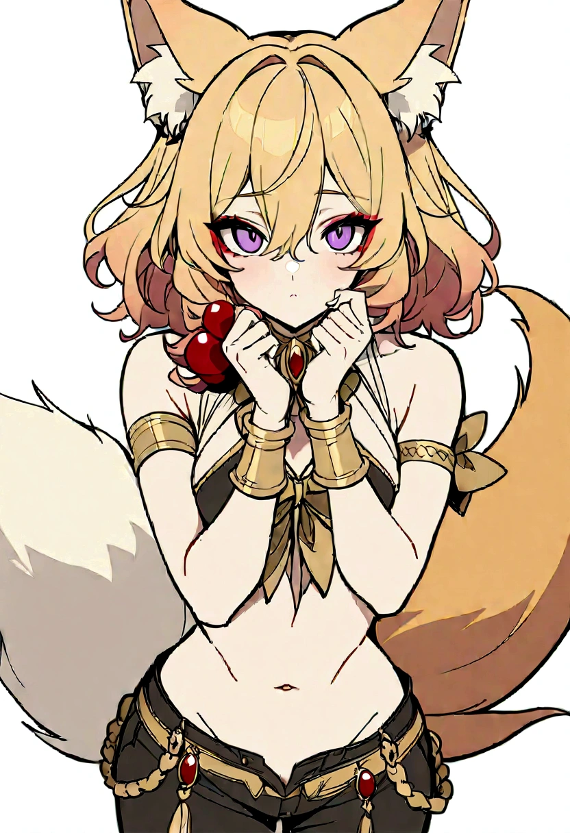 Masterpiece, High quality, High quality of art, best quality, anime lineart, Femboy, light carrot hair, fox ears, fox tail, Red eyeshadow, purple eye color,  belly, Femboy, military armlets, general's pants, A heavy golden bow with rubies holds the viewer hostage on a stone beach