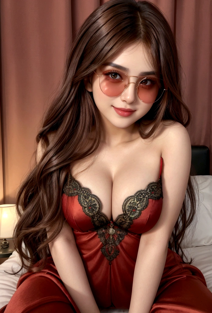so beautiful Iranian girl with a wheatish complexion, an innocent and charming smile, large green eyes, wearing a red silky sexy blous, her light brown hair flowing, black sun glasses, using mobile in bed room,