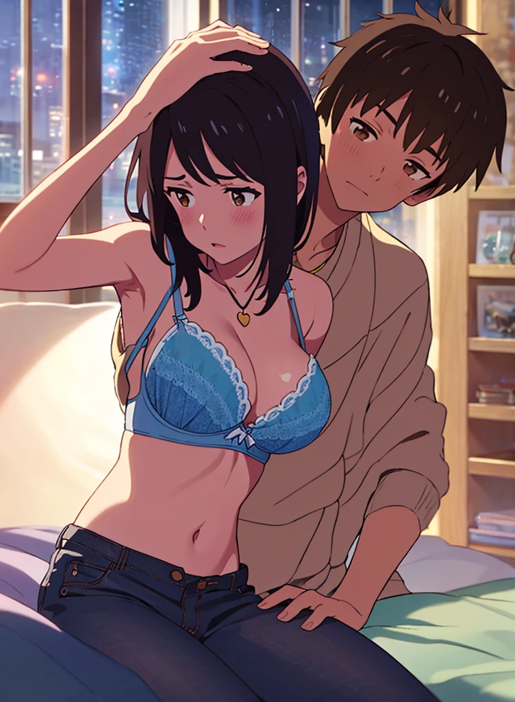 shinkai makoto, Kimi No Na Wa., 1 boy, Shaved head, , Boys are behind girls, Touching the , Rubbing  , grab, grabbing ,chestgrab behind back,  your , Hold the , Embrace, Embrace, Kiss on the neck, One girl, Black Hair, Waterfall knitting, Red ribbon, Long Hair, Brown eyes, blue star necklace, Light Cardigan Pink, , Yellow shirt Open shift, belly button, White , White pants, cute, Open your mouth, whole body, Long sleeve, Cowboy Shot, masterpiece, On a date, Blushing, Bedroom, night, Sit on the bed , Shaved head,, are ,Armpit sweat,Shyness,clear,High exposure,Having my armpits licked,His arms are tied and he is hanging from a rope