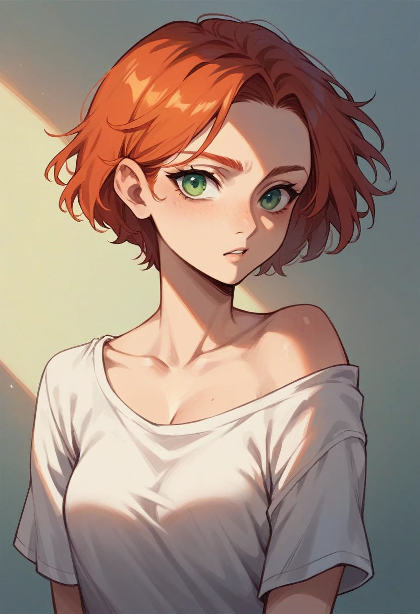 Redhead woman with short hair, with green eyes.