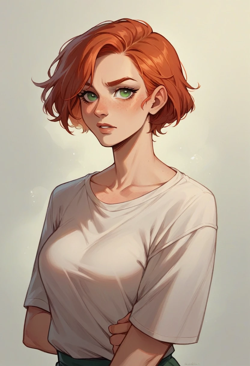 Redhead woman with short hair, with green eyes. 