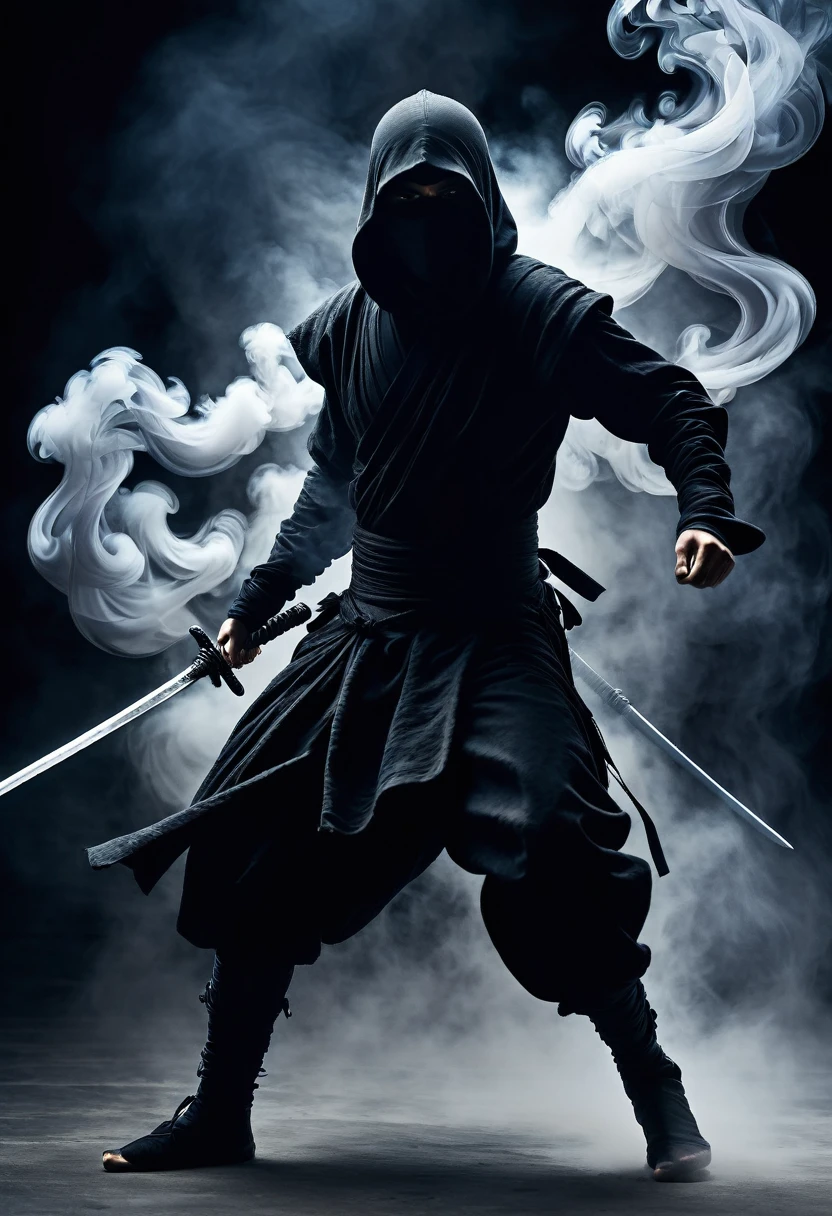 (Fantasy action photography:1.3) photo of a ninja-like figure, enveloped in ethereal, smoke-like wisps, running with dual swords, full body framing, in a dark minimalist setting, with dramatic lighting, side view, shot with a high-resolution digital camera, in the style of Michael Whelan