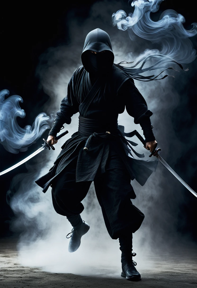 (Fantasy action photography:1.3) photo of a ninja-like figure, enveloped in ethereal, smoke-like wisps, running with dual swords, full body framing, in a dark minimalist setting, with dramatic lighting, side view, shot with a high-resolution digital camera, in the style of Michael Whelan