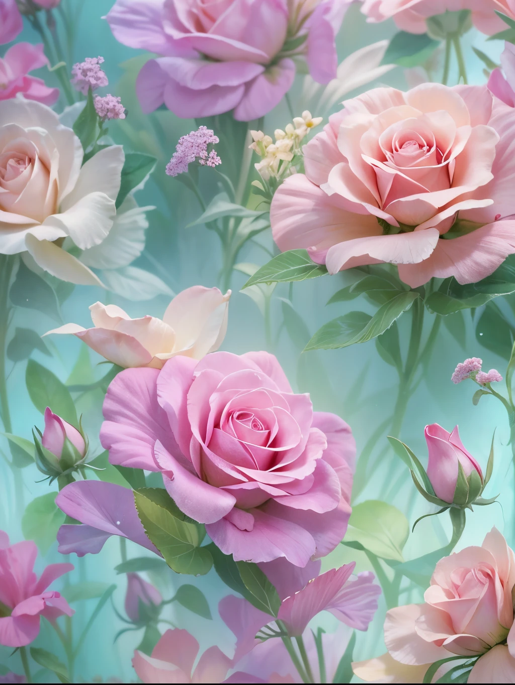 Whimsical fantasy elegant rose floral botany minimalism with a wave of flowers garden flowing flowers floating in hazy pastel pink, aqua green, pastel apricot, smoke fractal, moody and massively realistic flowers, octane rendering, Josephine wall art, Isabel Menin, Jean, Amy brown