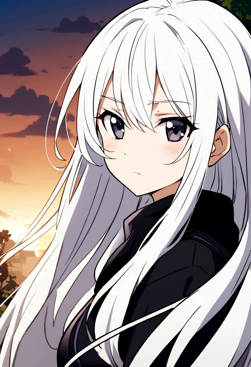 1 girl, white hair, black eyes, upper body, long hair, big cheest , anime girl