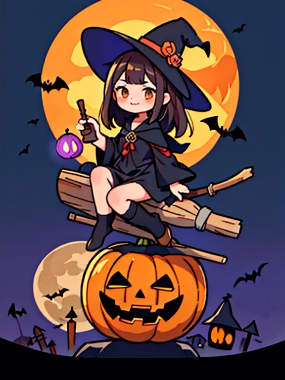 ((Witch's attire)), Black pointy hat，Brown hair, Part bangs, Brown eyes, black robes，Long sleeves, Smile, Looking at Viewer,(（Sit on a broom in the air)）, masutepiece,Full body,Witch Cosplay， ((Big full moon in the background)),(Jack Lantern)Flying bats，Halloween，Fantasy, breezing， magic sparks,