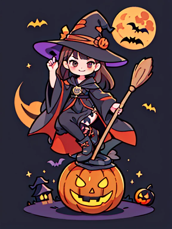 ((Witch's attire)), Black pointy hat,Brown hair, Part bangs, Brown eyes, black robes,Long sleeves, Smile, Looking at Viewer,((Sit on a broom in the air)), masutepiece,Full body,Witch Cosplay, ((Big full moon in the background)),(Jack Lantern)Flying bats,Halloween,Fantasy, breezing, magic sparks,
