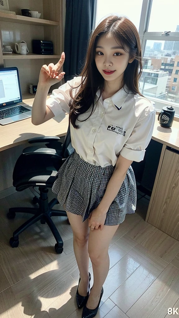 ((top-quality、masterpiece、photographrealistic:1.4、in 8K))、Beautuful Women1a person、25years old、beautiful hairl、delicate and beautiful face、Eyes and faces with detailed 、(Modern workplace with computer:1.2)、(Shirt:1.2)、(standing:1.2)、A smile、Beautiful lighting、Textured skin、Super Detail、high detailing、High quality、hight resolution、(looking at the viewers)、Detailed mouth、Opening Mouth、full body Esbian、tight skirts、Women at work、Fishnet Stockings、Coffee、window、Women who can work、high-heels