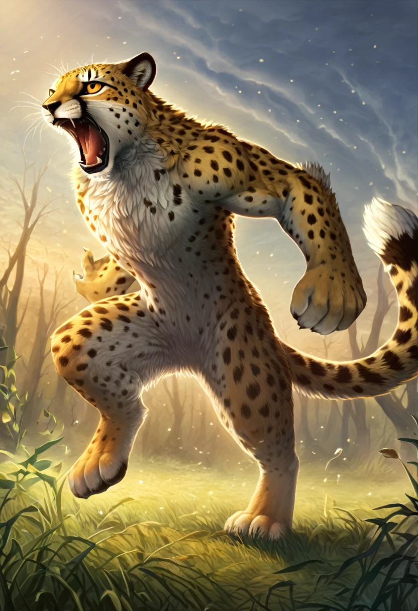 ((Masterpiece)), ((Best Quality)), (Very Detailed), ((Very Detailed)), 4K, (8K), very aesthetic, absurdres highres, 1man, anthropomorphic cheetah, furry, kemono, In a clearing in the forest, a cheetah sprints in the cold early morning light, its front legs outstretched and kicking the ground, its hind legs stepping down with force. The animal's eyes are wide open, its mouth is open, and it is drooling. Its lithe, spotted body is depicted as its muscles move. In the background, grass and trees sway, dust rises, and prey can be seen in the distance.