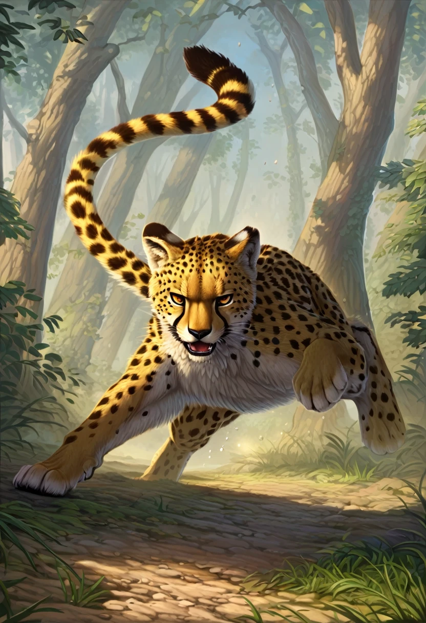 ((Masterpiece)), ((Best Quality)), (Very Detailed), ((Very Detailed)), 4K, (8K), very aesthetic, absurdres highres, 1man, anthropomorphic cheetah, furry, kemono, In a clearing in the forest, a cheetah sprints in the cold early morning light, its front legs outstretched and kicking the ground, its hind legs stepping down with force. The animal's eyes are wide open, its mouth is open, and it is drooling. Its lithe, spotted body is depicted as its muscles move. In the background, grass and trees sway, dust rises, and prey can be seen in the distance.
