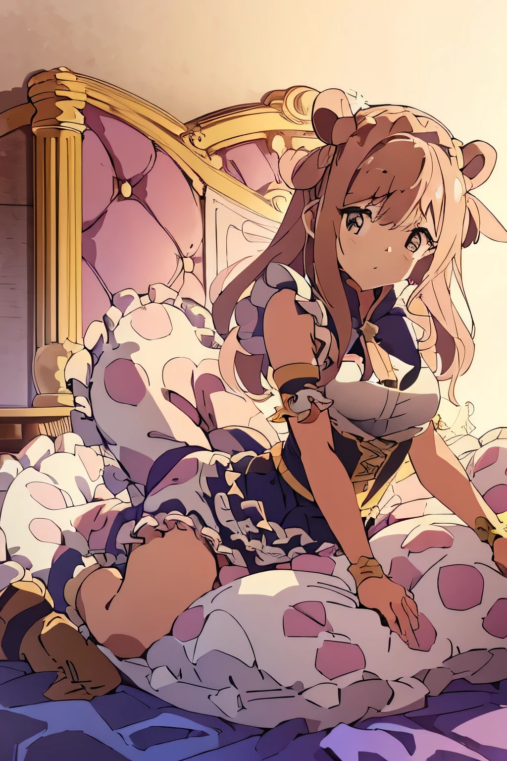 (best quality, masterpiece),mine, (Light and shadow oxtail,,, bed background, Cute girl posing in maid outfit, maid outfit, skirt,, ,pillow head,(many pillows),Upholstered,((canopy bed)),Soft pillow quotation,(damaged pillow),many pillows,a tail,,(lace pillow),(palace),(Palace Bed),(Palace Decoration),The love surrounding the protagonist,steam,sweat,,luxury pillow),(Palace pillow pattern pillow),(palace),(Palace Bedroom),(Gorgeous pattern pillow),,(Classical European style bedroom ),(Princess bed),frilled pillow
