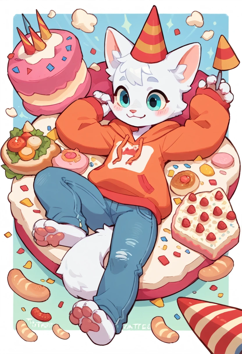 The Q version of the cute furry cat, looking cutely to a birthday cake, cute, party hat, hoodie, jeans, paws, beans