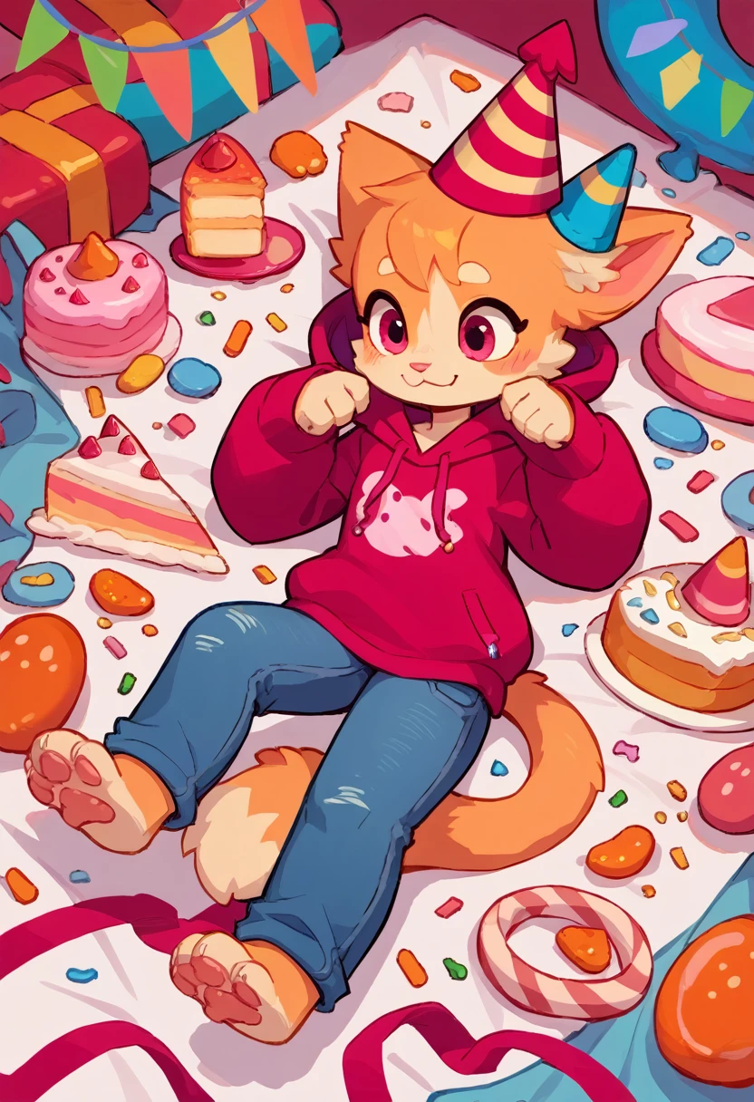 The Q version of the cute furry cat, looking cutely to a birthday cake, cute, party hat, hoodie, jeans, paws, beans