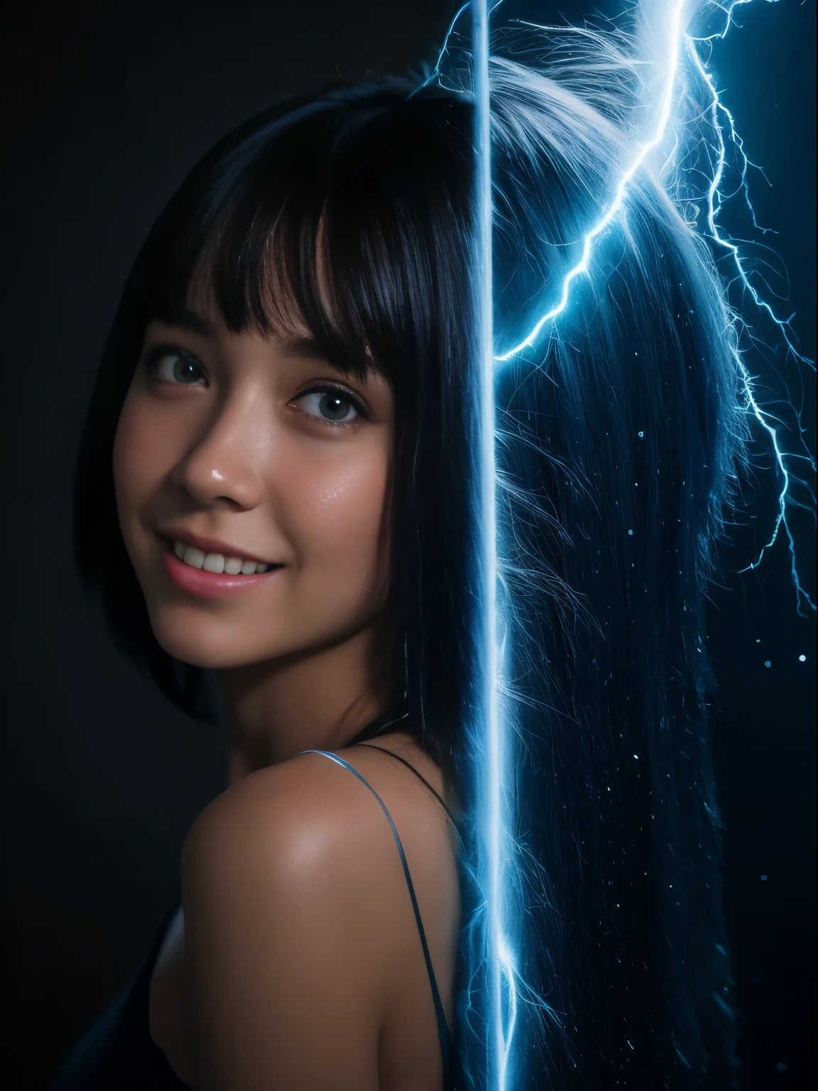 27 years old, beautiful cute american girl, smile showing teeth, parts, (Dark skin:1.5), (platinum blue largo bangs hair:1.4), (Gigi Hadid:1.1), (naughty girl makeup:1.1), (The F.W.), 1woman, Alone, 24 years, 7 headed body, (cute face), (ideal proportion body proportions), wearing sweat, The costume is transparent, wet, smiling smile, short hair, dark hair, , a thin, small buttocks, beauty legs, thing legs, surrealism, lightning cinematográfica, Depth of fields, One-person point of view, F/1.8, 135mm, NFFSW, Mesa, necessary, ((anatomically correct)), textured skin, super detail, High details, High quality, awarded, (Masterpiece), cheered up, (Photo_(half):1.0), by Antonio J. Manzanedo, by Jeremy Lipking, 1 girl, lightning, in a surreal landscape, watercolor painting style, Brushstrokes, blossomed, orange eyes, Horse tail, pink hair, cyberpunk, japanese clothes
