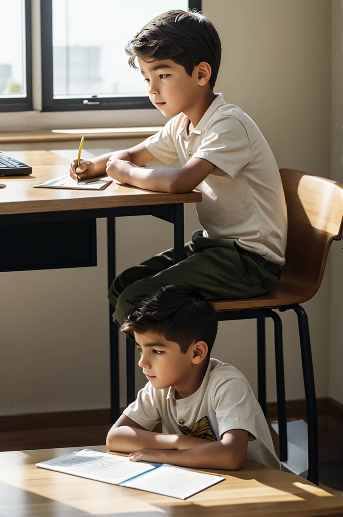 Boy sitting watching a bird perched on a distant desk on a sunny day