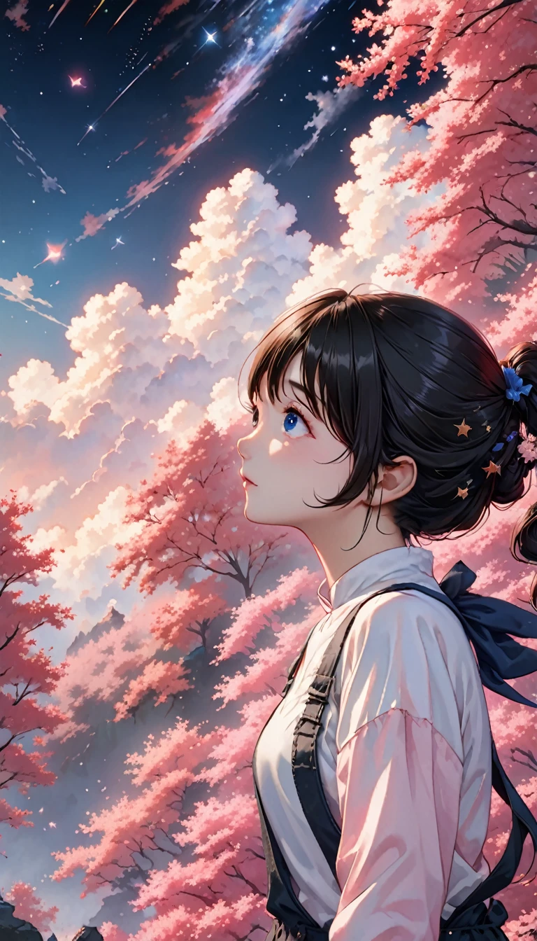 quality\(8K,非常に精細なCGユニットのwallpaper, masterpiece,High resolution,top-quality,top-quality real texture skin,Surreal,Increase the resolution,RAW Photos,最高quality,Very detailed,wallpaper\),BREAK、Circle image、Walking through the pink forest、Long Shot、The subject is small、Beautiful deep pink forest、Fade from pink to black、Gradation、BREAK、One Girl、Look Up、Side Shot、Beautiful profile、Looking up、Blue sky close to black、Stars and Clouds、A fresh angle、BREAK、Overall dark、Cinematic Lighting、Very elaborate lighting、